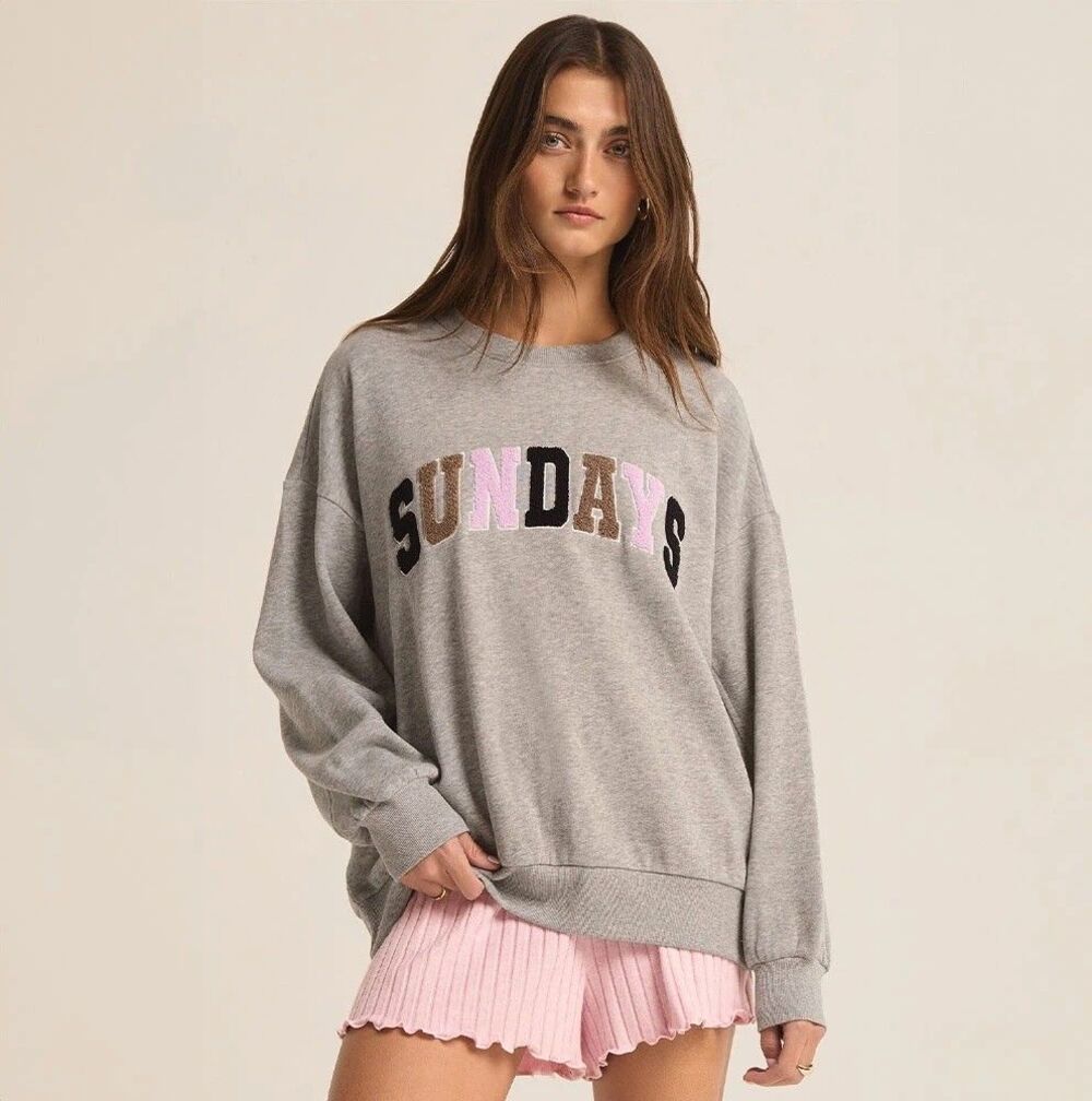 Z Supply Oversized Crewneck Sweater Boucle "Sundays” Graphic Heather Gray M